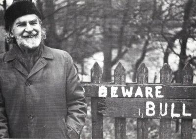 Jonathan Williams, Basil Bunting, On His 80th Birthday, Offers Us Ancient, Excellent, Poetic Wisdom As He Stands By the River Rawthey, At the Millthrop Bridge, Sedbergh, Cumbria: Beware Bull, March 1, 1980. Postcard published by the Jargon Society (Highlands, North Carolina) as Jargon Society Postcard No. 14. Collection of Black Mountain College Museum + Arts Center. Gift of the Estate of Jonathan Williams and Thomas Meyer.