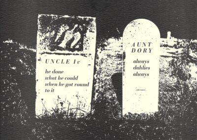 Jonathan Williams (text) and A. Doyle Moore (illustration), Epitaphs for Two Neighbors in Macon County No Poet Could Forget, Thanksgiving 1977. Postcard published by the Jargon Society (Highlands, North Carolina) as Jargon Society Postcard No. 7. Collection of Black Mountain College Museum + Arts Center. Gift of the Estate of Jonathan Williams and Thomas Meyer.